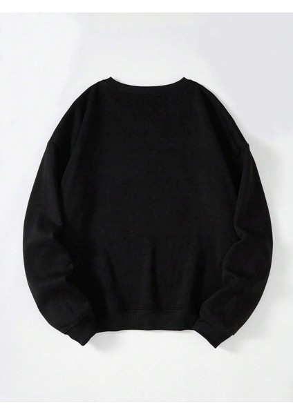 Unisex Oversize Bisiklet Yaka Basic Düz Sweatshirt - Siyah