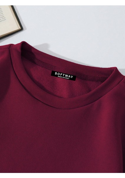 Unisex Oversize Bisiklet Yaka Basic Düz Sweatshirt - Bordo