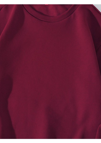 Unisex Oversize Bisiklet Yaka Basic Düz Sweatshirt - Bordo