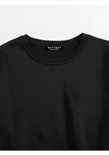 Unisex Oversize Bisiklet Yaka Basic Düz Sweatshirt - Siyah modelleri