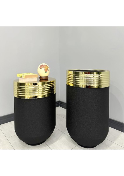 Dekoratif Gold Darbuka Siyah Saksı 70CM + Sehpa 60CM Ikili Set