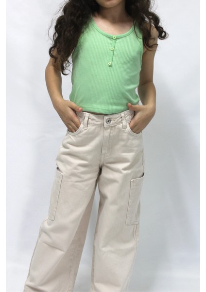 Kız Çocuk Wide Leg Bej Jean Pantolon