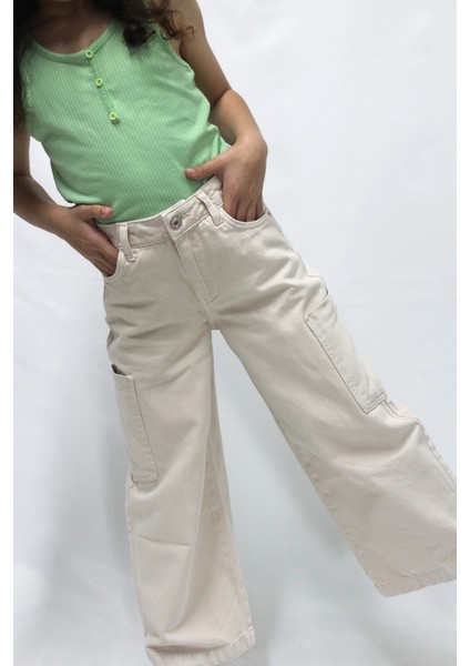 Kız Çocuk Wide Leg Bej Jean Pantolon modelleri