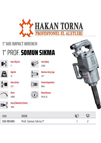 Rico 1'' Uzun Lastik Sökme Havalı Somun Sökme Makinesi 3200 Nm