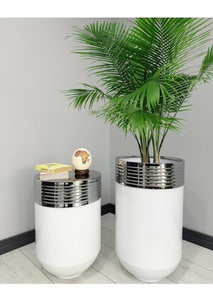 Elegant Dekoratif Krom Darbuka Parlak Beyaz Saksı 70CM + 60CM Sehpa Ikili Set