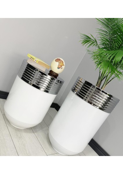 Elegant Dekoratif Krom Darbuka Parlak Beyaz Saksı 70CM + 60CM Sehpa Ikili Set fiyatları