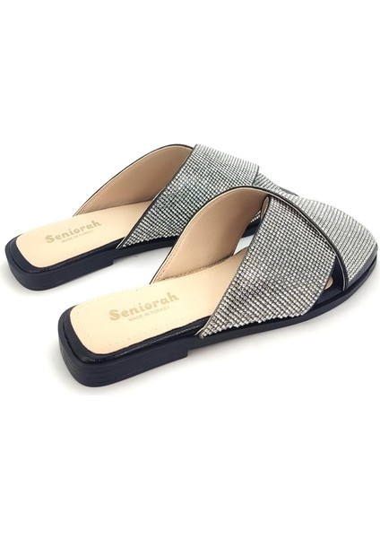 Kleopatra siyah Taşlı metalik Cilt Kadın Terlik