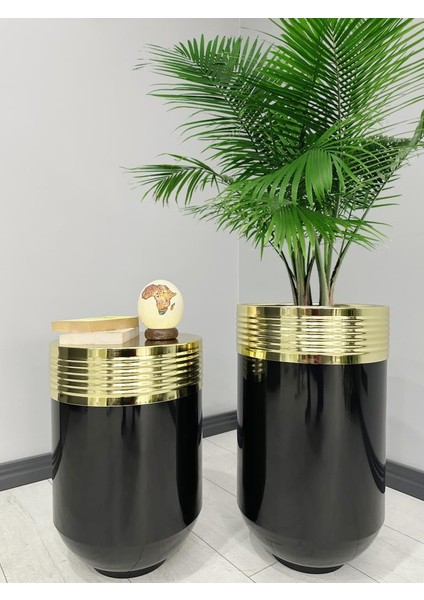 Dekoratif Gold Darbuka Parlak Siyah Saksı 70CM + Sehpa 60CM Ikili Set