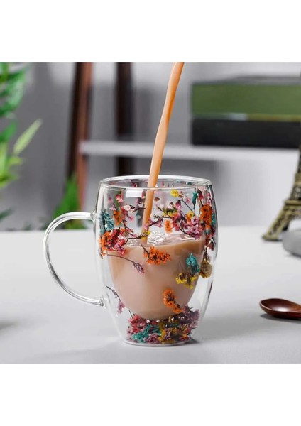 Isıya Dayanıklı Borosilikat Çift Çidarlı Flower Cup Çiçekli Bardak | Çiçekli Kahve Sunum Bardağı