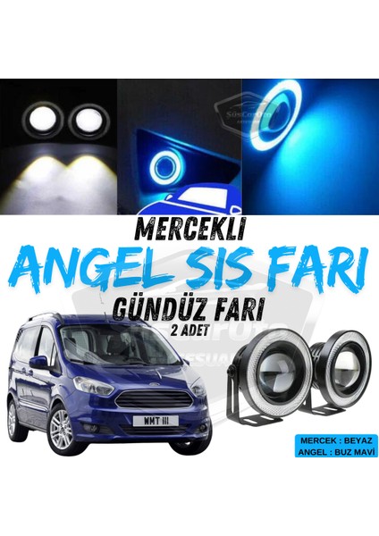 ŞüsCarOto Aksesuar Ford Courier 2014-2023 Uyumlu Üniversal Mercekli Angel Sis Farı Metal Su Geçirmez 76 mm Buz Mavi Halkalı Gündüz Farı Angel Eyes 2 Adet