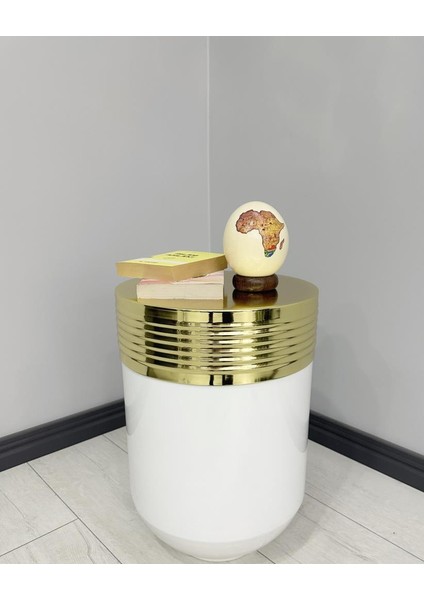 Dekoratif Gold Darbuka Parlak Beyaz Sehpa 60CM