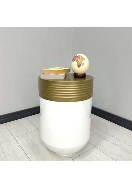 Dekoratif Eskitme Darbuka Parlak Beyaz Sehpa 60CM