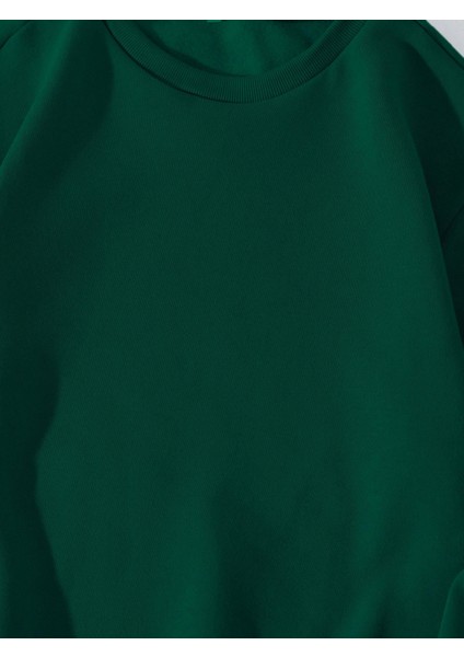 Unisex Oversize Bisiklet Yaka Basic Düz Sweatshirt - Koyu Yeşil indirimleri