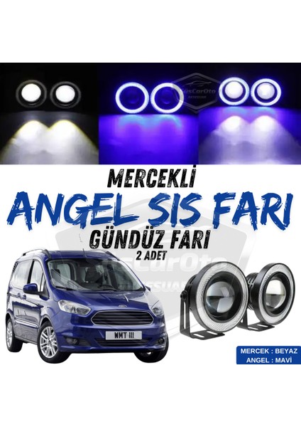 ŞüsCarOto Aksesuar Ford Courier 2014-2023 Uyumlu Üniversal Mercekli Angel Sis Farı Metal Su Geçirmez 76 mm Mavi Halkalı Gündüz Farı Angel Eyes 2 Adet