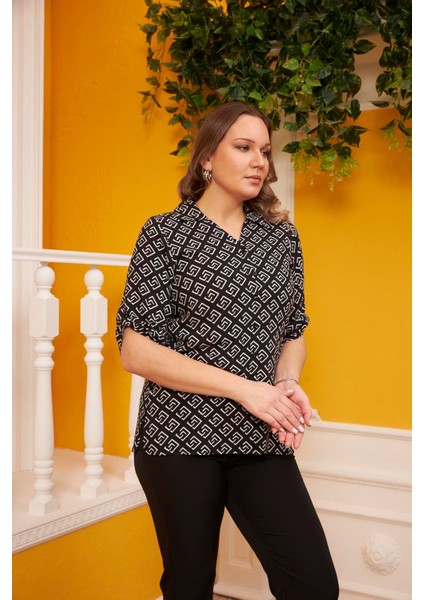 Kol Detaylı Desenli Siyah Büyük Beden Gömlek fiyatları