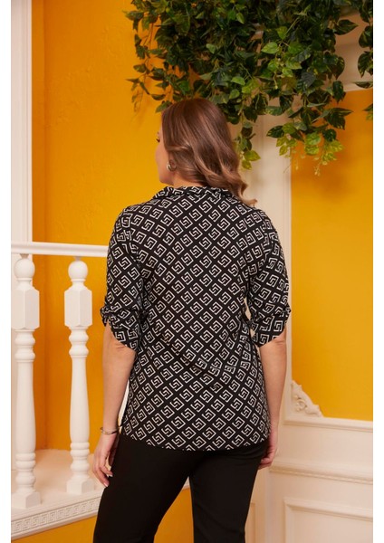 Kol Detaylı Desenli Siyah Büyük Beden Gömlek modelleri