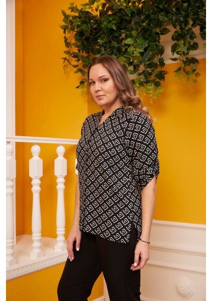 Kol Detaylı Desenli Siyah Büyük Beden Gömlek fırsatları