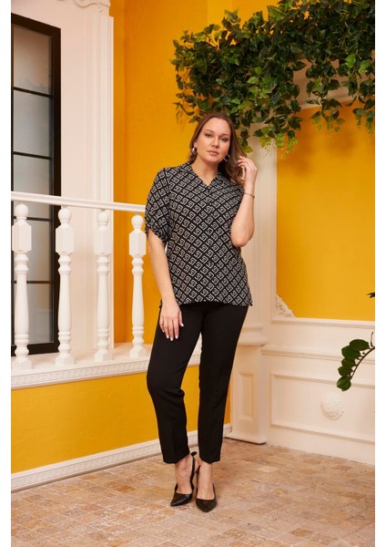 Kol Detaylı Desenli Siyah Büyük Beden Gömlek indirimleri