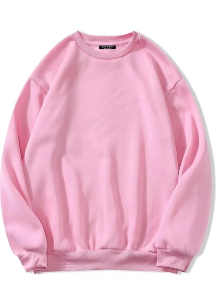 Unisex Oversize Bisiklet Yaka Basic Düz Sweatshirt - Pembe