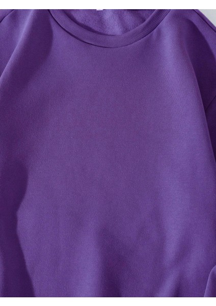 Unisex Oversize Bisiklet Yaka Basic Düz Sweatshirt - Mor indirimleri