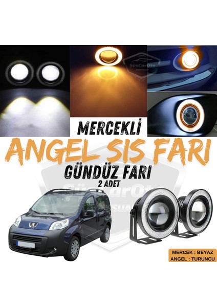 Peugeot Bipper 2008-2022 Uyumlu Üniversal Mercekli Angel Sis Farı Metal Su Geçirmez 76 mm Turuncu Halkalı Gündüz Farı Angel Eyes 2 Adet