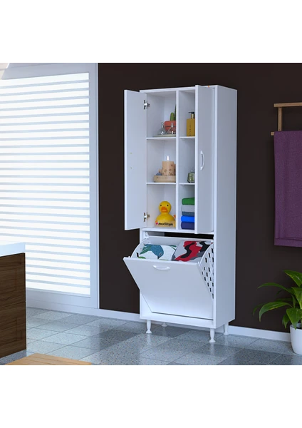 Inci 55X165 cm Üç Kapaklı Çok Amaçlı Kirli Çamaşır Dolabı Sepetli Banyo Dolabı