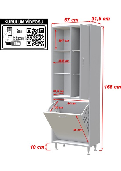 Inci 57X165 cm Üç Kapaklı Çok Amaçlı Kirli Çamaşır Dolabı Sepetli Banyo Dolabı