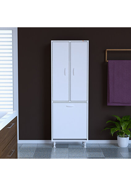 Inci 57X165 cm Üç Kapaklı Çok Amaçlı Kirli Çamaşır Dolabı Sepetli Banyo Dolabı