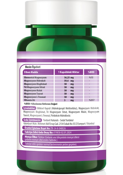 Magnesium Complex 60 Kapsül Malate Bisglycinate Hydroxide Taurate L-Threonate Citrate B6