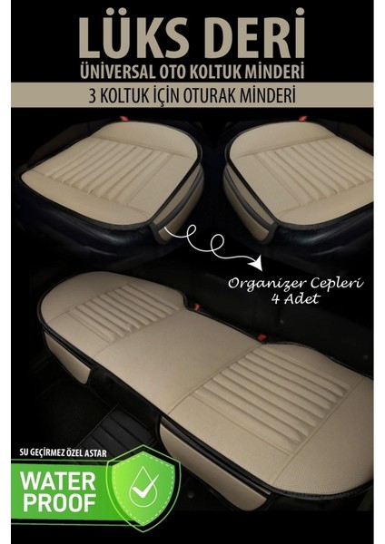 Lüks Deri Kırmızı Renk Oto Koltuk Minderi 3'lü Oturak - Ön Arka Araba Koltuk Minder Örtüsü - Su Geçirmez