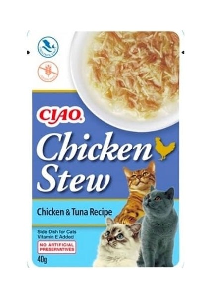 Ciao Chicken Stew Tavuk Güveçli ve Ton Balıklı Pate Yetişkin Konserve Kedi Maması 40 gr