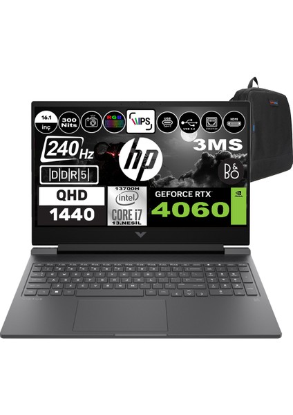 Victus 16-R0076NT Intel Core I7 13700H 64GB Ddr5 512GB SSD 8GB-RTX4060 Qhd 240HZ 3ms 16.1" Windows 11 Pro Taşınabilir Bilgisayar 9E4A4EAP09 + Zetta Çanta
