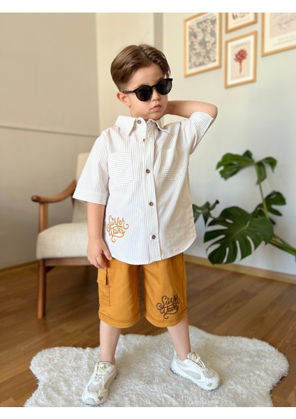 Sunset Işleme Erkek Çocuk Çizgili Gömlekli takım- Hardal