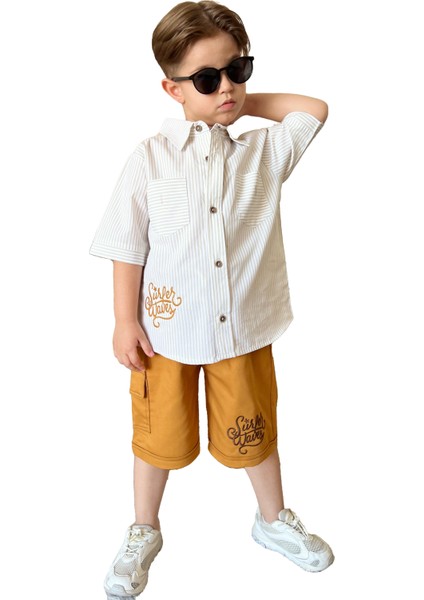 Sunset Işleme Erkek Çocuk Çizgili Gömlekli takım- Hardal modelleri