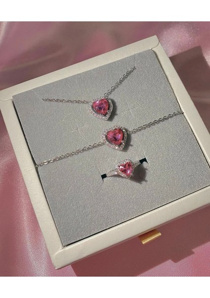 Çelik Pembe Kolye Yüzük Bileklik Seti 3 Set