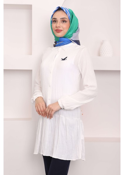 Beyaz Kol Lastikli Eteği Katlı Tunik modelleri