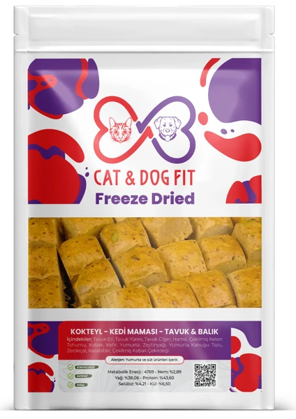 Cat & Dog Fit Freeze-Dry Kokteyl Kedi Maması Tavuk & Balık Tüm Yaş Gruplarına Uygun %100 Organik Mama