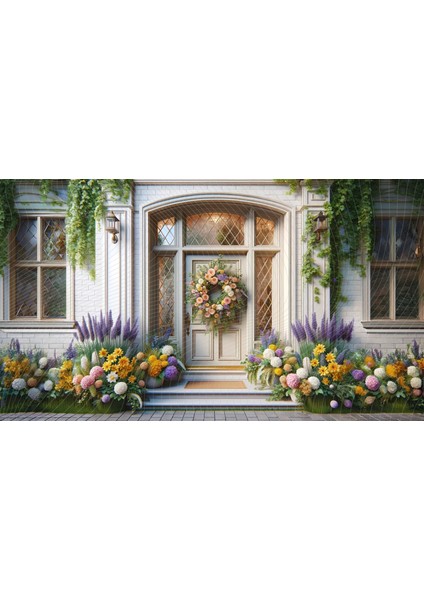 Çiçekli Giriş Kapısı Temalı 200 x 150 cm Arkaplan Duvar Örtüsü Renkli Çiçek Düzenlemeleri ile Bezenmiş Rustik Sanat Stili