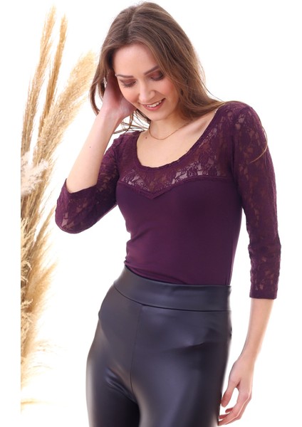 20040406 Süprem Kayık Yaka Kolu Yaksı Dantelli Body Mürdüm 36 fiyatları