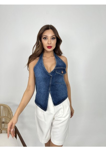 Fame Kadın Kolsuz Boyundan Geçmeli Denim Yelek Bluz Mavi