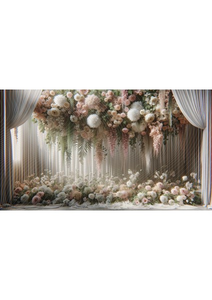 Pastel Çiçek Düzeni ve Perdelerle Süslenmiş Arkaplan Romantik Stil Profesyonel Fotoğrafçılık Için 200 x 150 cm Duvar Örtüsü Fon
