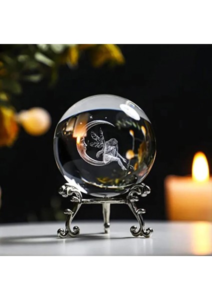 Dekoratif Metal Ayaklı Ay Yüzlü Melek Tasarımlı 3D Cam Küre 6cm