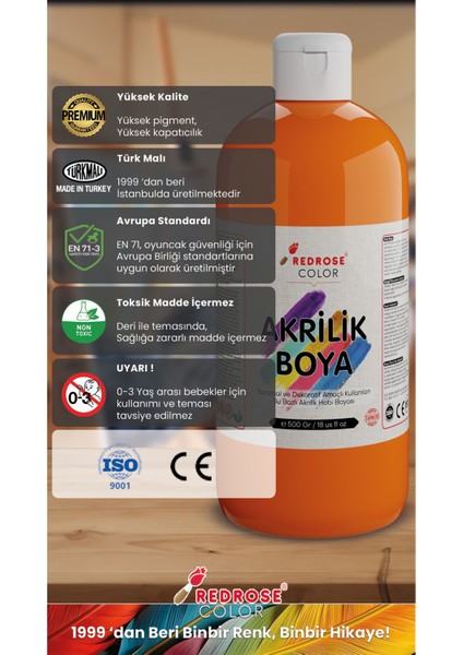 Turuncu Akrilik Boya Kırtasiye Kreş Okul Atölye Için 500 gr 30'lu Koli