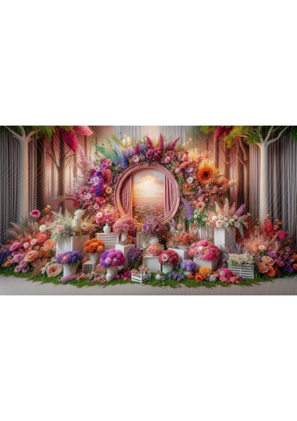 Renkli Çiçek Aranjmanları ve Doğa Manzaralı 200 x 150 cm Duvar Örtüsü Arkaplan Fon Sanatsal ve Dekoratif