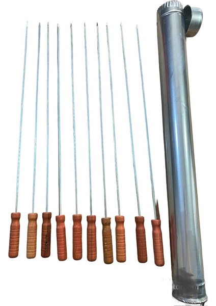 10 Adet 55 cm Ahşap Saplı Kare Kuşbaşı Tavuk Şişi + Şiş Kabı