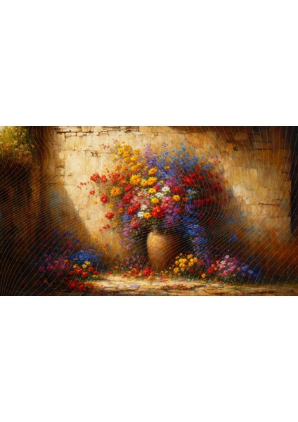Renkli Çiçek Demetleriyle Dolup Taşan Büyük Vazo Taş Duvar Arkaplan 200 x 150 cm Duvar Örtüsü ve Fotoğraf Fonu