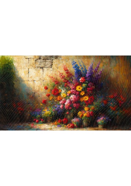 Renkli Çiçeklerle Bezenmiş Bahçe Temalı Taş Duvar Arkaplan 200 x 150 cm Duvar Örtüsü ve Fotoğraf Fonu