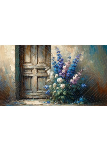 Eski Kapı Önünde Canlı Çiçekler Arkaplan Rustik Ahşap Dokulu Duvar Örtüsü 200 x 150 cm Fon