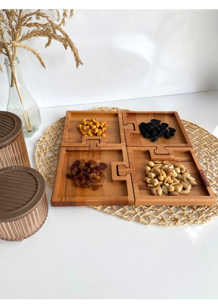 Doğal Ahşap Puzzle Sunum Tabakları Kare Ahşap Çerez Tabakları(Kayın/Gürgen) (4 Parça)