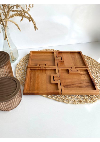 Doğal Ahşap Puzzle Sunum Tabakları Kare Ahşap Çerez Tabakları(Kayın/Gürgen) (4 Parça) fiyatları